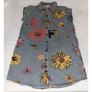 NWT She + Sky Sleeveless Denim Floral Print Button Down Tunic Boho Dress